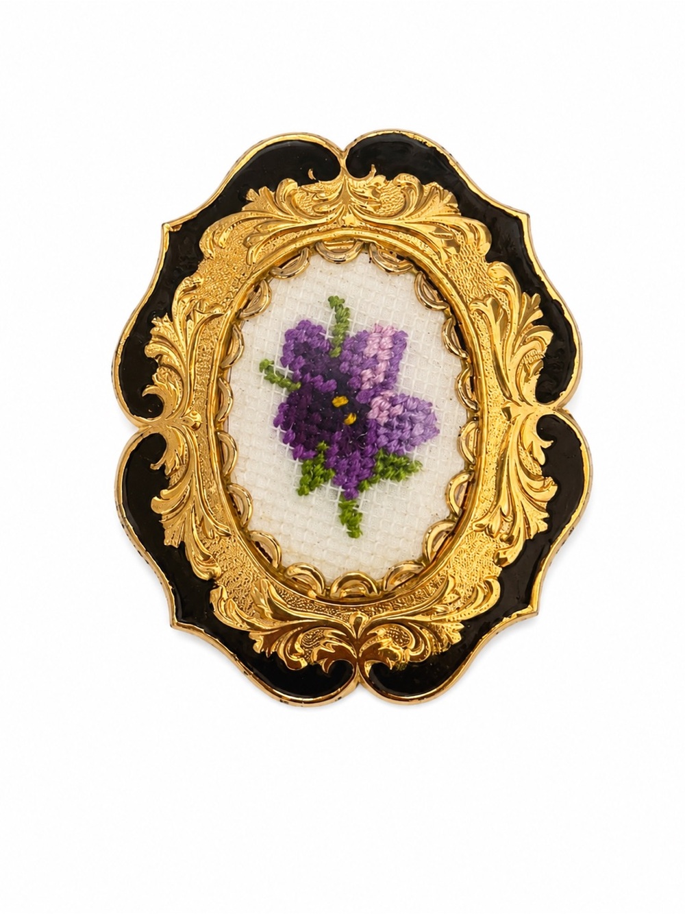 Victorian-Style Gold & Black Floral Cross-Stitch Brooch - Purple Flower